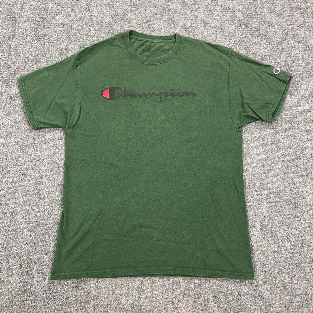 Champion Shirt Mens Large Green Script Logo Graphic Tagless Crewneck Tee