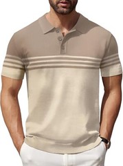 Men’s Striped Knit Polo Shirt Lightweight Short Sleeve Casual Collared Golf Tee