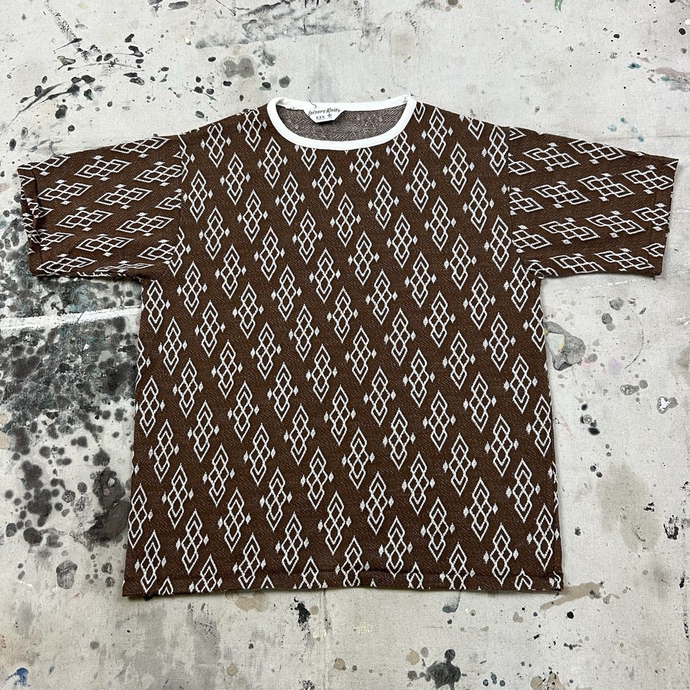 Vintage 60s ELY Knit T Shirt Geometric Pattern Mens Large Mid Century Modern
