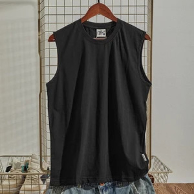 Summer New American Retro Sleeveless O-neck Soild Color T-shirt Men’s Fashion 10