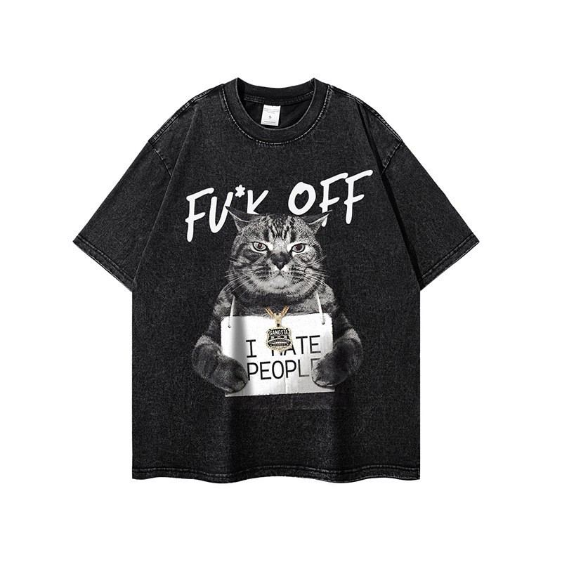 Oversized Cat Shirt Hip Hop Rapper Like Washed Short Sleeve T-shirt Tee