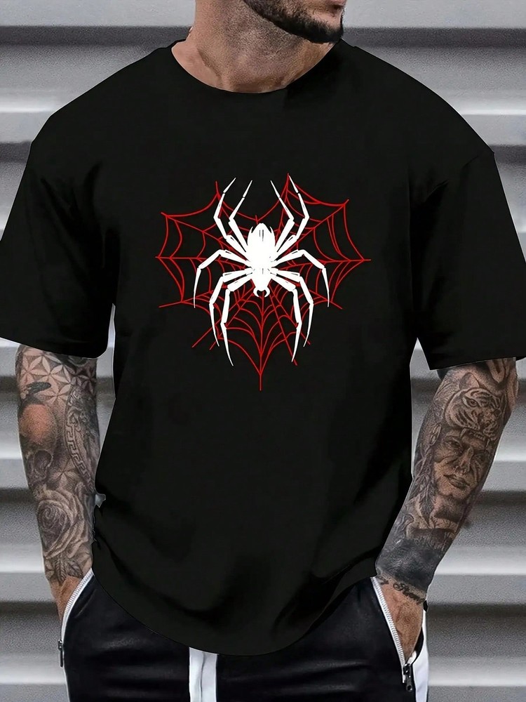 Men’S Black T-Shirt With Red Spider Web Design – Casual Crew Neck, Short Sleeve