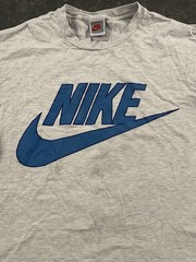 Vintage 90s Nike Big Blue Swoosh T Shirt Gray Made in USA