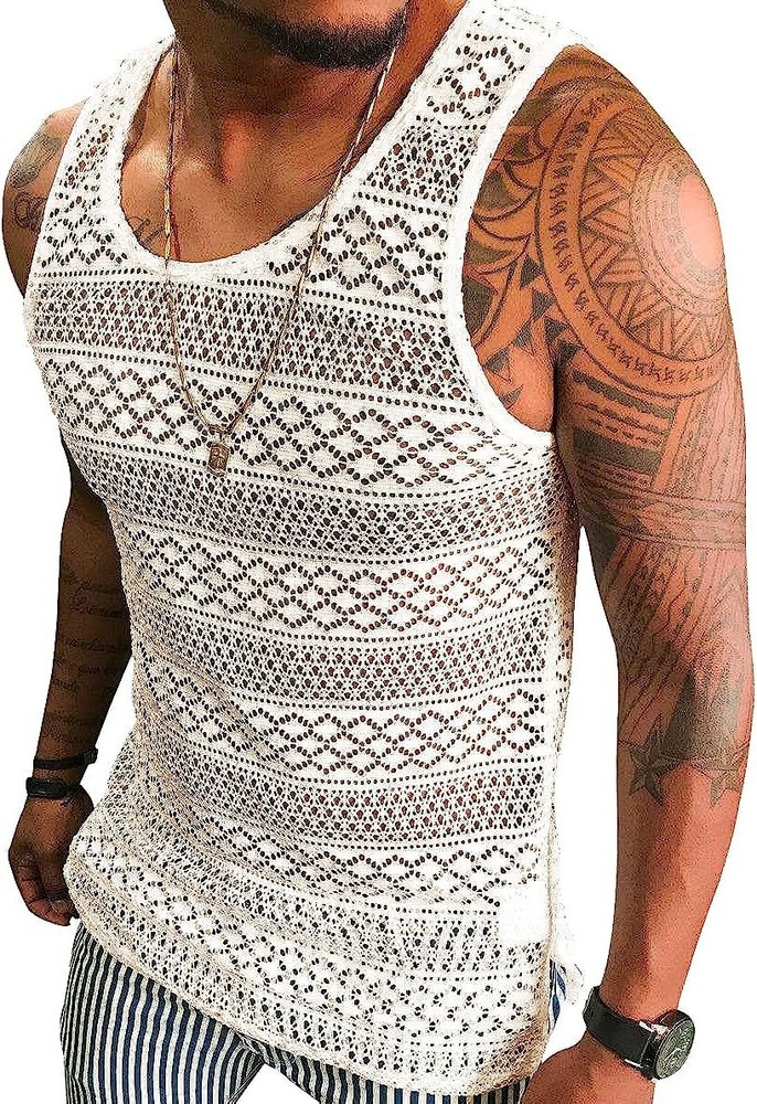 Mens See Through Vest Crewneck Sleeveless Tank Tops Muscle Sexy Mesh Shirts