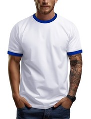 Men’s Ringer Tee Crewneck Athletic T Shirts,White/Royal Blue,L