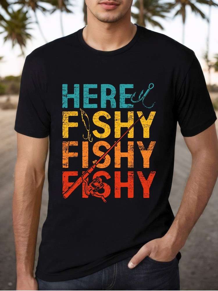 Here Fishy Fishy” Graphic Cotton Tee – Unisex, Soft & Breathable Knit Fabric, Cr