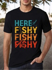 Here Fishy Fishy” Graphic Cotton Tee – Unisex, Soft & Breathable Knit Fabric, Cr