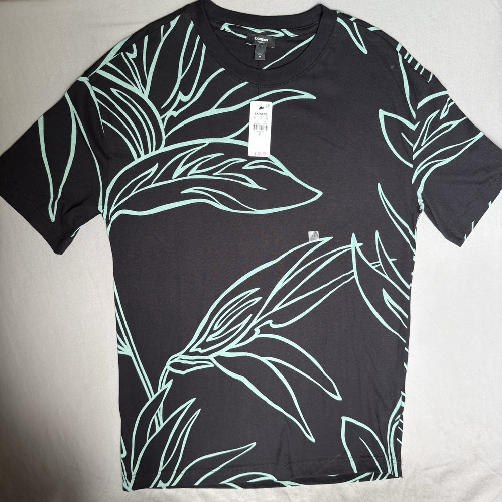 Express Relaxed Mens XS Black Tropical Leaf Print T Shirt 100% Cotton NWT
