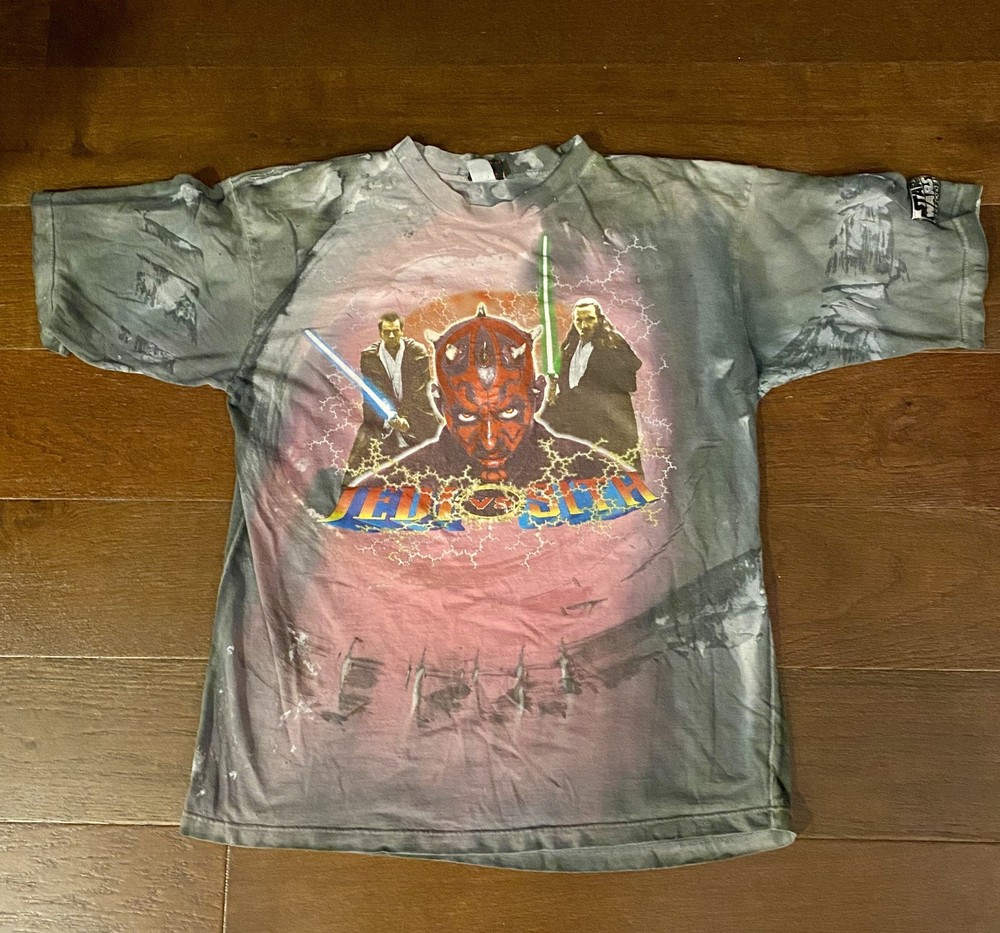 Vintage 90s Star Wars T-Shirt Mens 2X Gray Multi Tie Dye Jedi Vs Sith Darth Maul