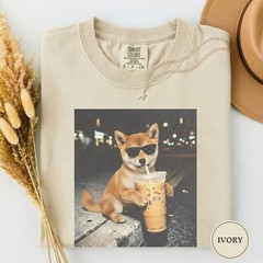 Funny Shiba Inu Drinking Iced Coffee Shirt, Animal Meme Tee T-Shirt
