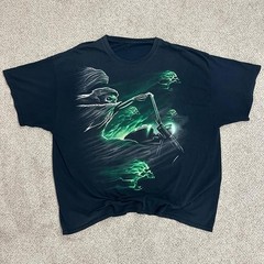 Y2K Grim Reaper Biker Graphic T-Shirt Black Green