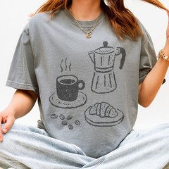 Coffee and Croissant Graphic Tee Hand-Drawn Sketch Art