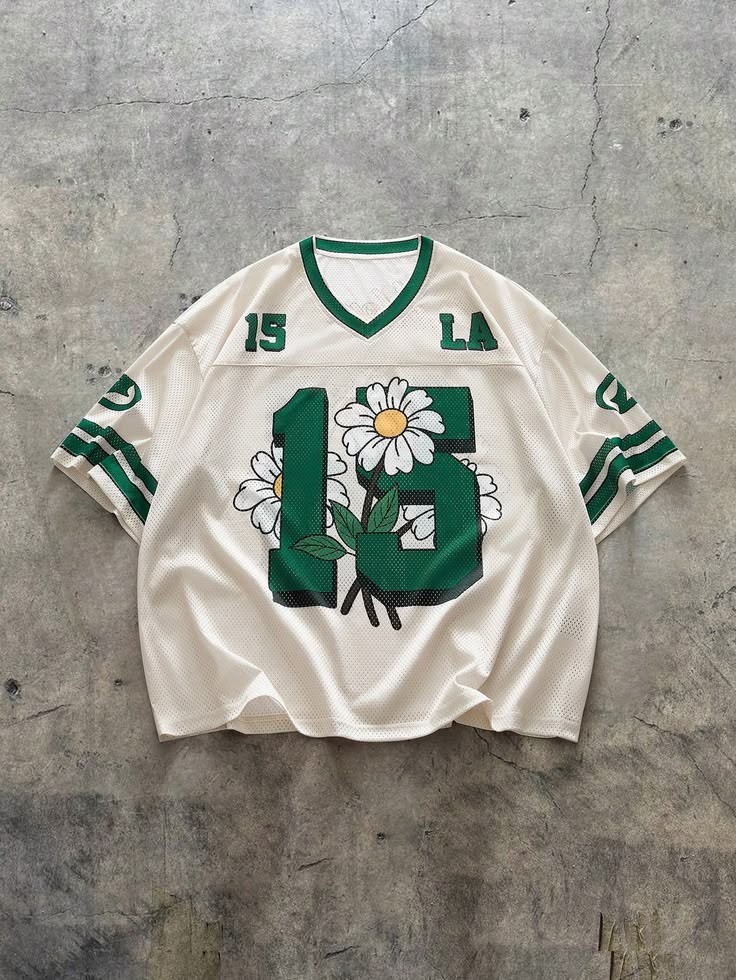 Unisex Y2K Streetwear Mesh Jersey | LA 15 Daisy Graphic Oversized V-Neck Top