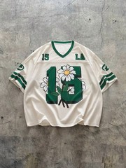 Unisex Y2K Streetwear Mesh Jersey | LA 15 Daisy Graphic Oversized V-Neck Top
