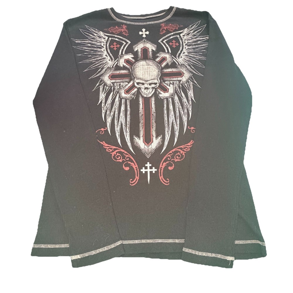 Vintage Y2K Thermal Long Sleeve Mens M Black Grunge Skull Wings No Boundaries