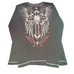 Vintage Y2K Thermal Long Sleeve Mens M Black Grunge Skull Wings No Boundaries