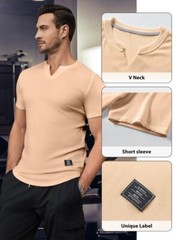 Mens V-Neck Muscle Slim Henley Shirt Workout Gym Athletic Shirt Summer Fashio…