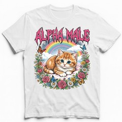 Alpha Male Kitten Rainbow Flowers Butterfly T-Shirt Ironic Cute Cat Humor Tee