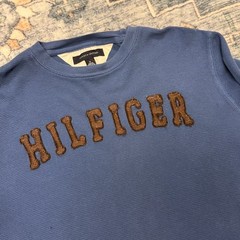 Tommy Hilfiger Vintage Style Blue Waffle Knit Long Sleeve Shirt with Brown Spell