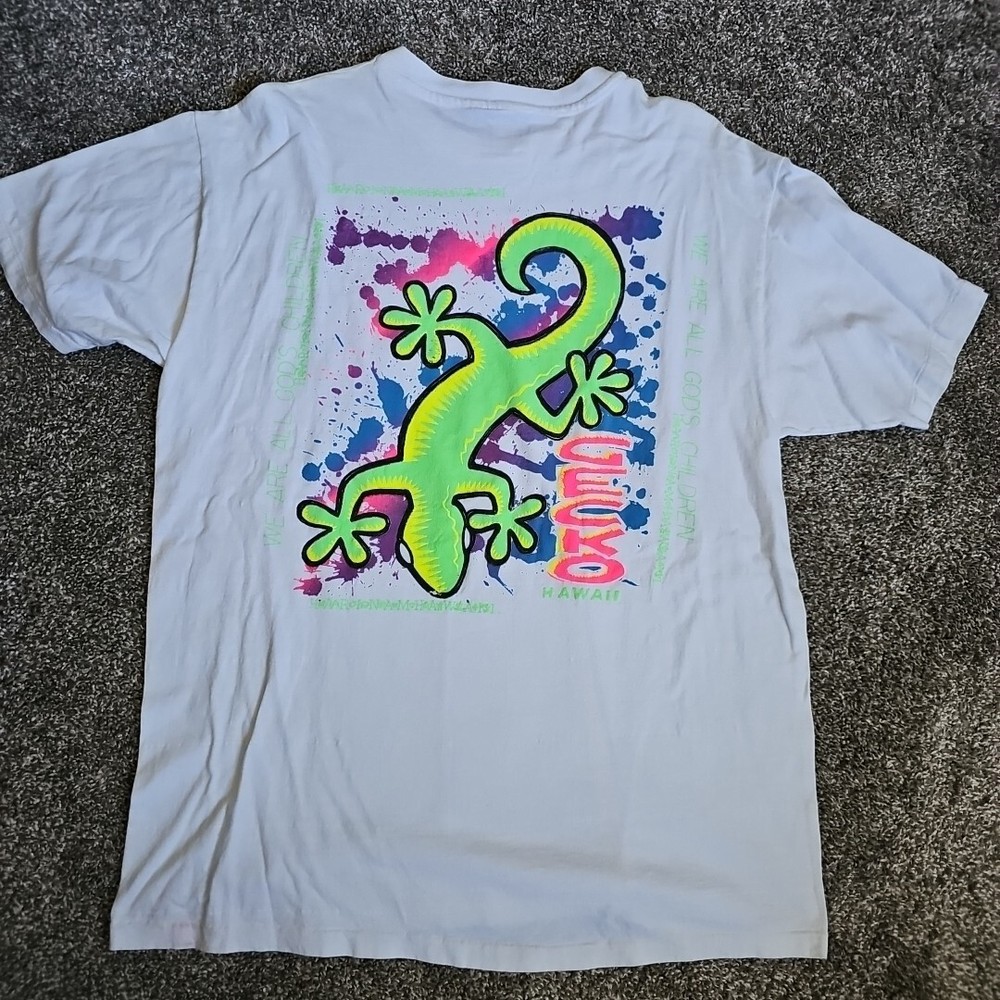 Gecko Hawaii Neon Color Size Large Single Stitch White Destination Short Sleeve