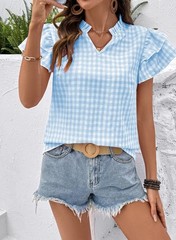 Womens Summer Tops V Neck Short Sleeve Tops Lightweight Plaid Ladies Tops and…