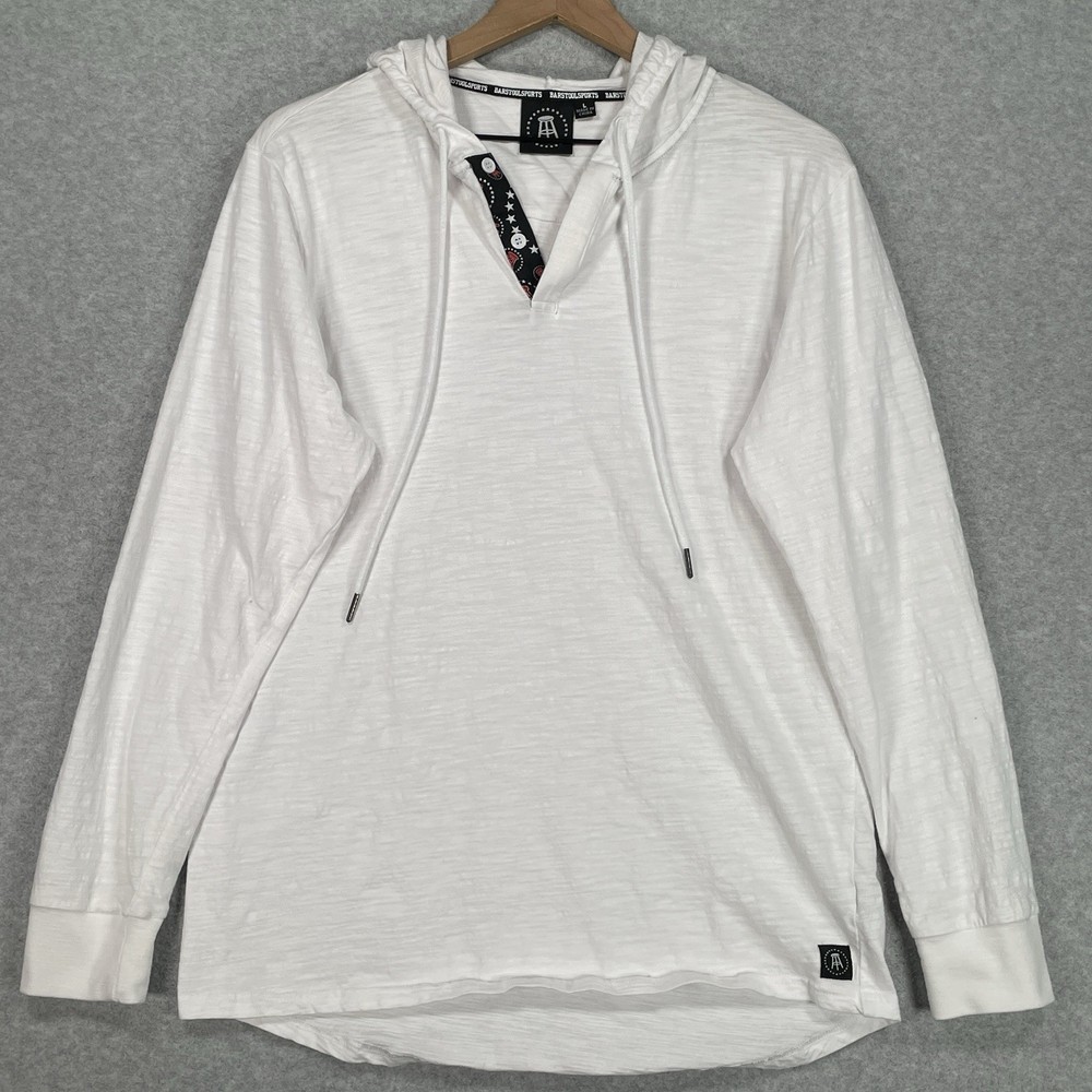 Barstool Sports Henley Shirt L White Lightweight Hooded Long Sleeve Pullover