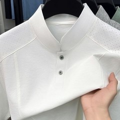 Business Casual Short Sleeve T-Shirt for Men Solid Spliced Mesh Slim Collar