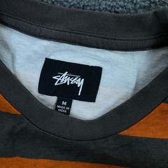 Stussy T-Shirt Mens Medium Gray Orange Wide Stripe Crewneck Logo Long Sleeve