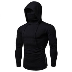 Mens Long Sleeve Hooded T-shirt Fitness Gym High Neck Stretch Shirt Hoodie
