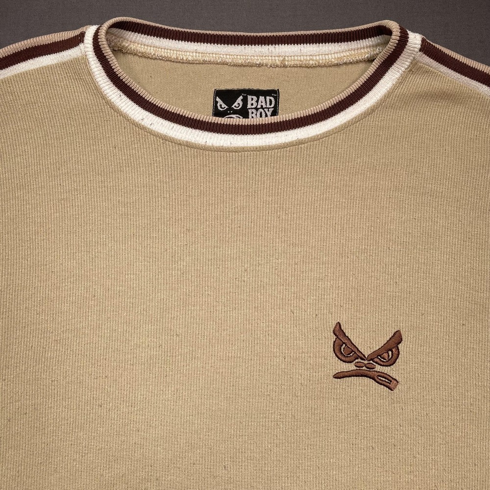 Vintage Bad Boy Shirt Mens XL Beige Ringer Crewneck Logo Knit Tee Made USA 90s