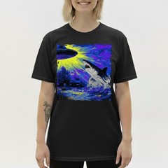 Retro UFO Shark Attack T-Shirt Vintage Sci-Fi Alien Abduction Space Graphic Tee