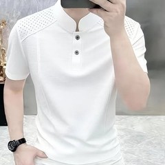 Business Casual Short Sleeve T-Shirt for Men Solid Spliced Mesh Slim Collar