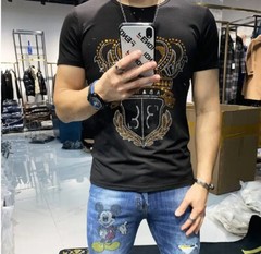 New Fashion Crown Trend Rhinestone Summer Cotton Short Sleeve Luxury Men T-Shirt