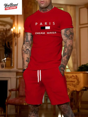 Fashion Paris Print T-Shirt Shorts 2-Piece Set Men’S Short Sleeve Tee Elastic Wa