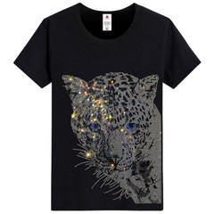 Men Fashion Diamonds T-Shirt Leopard Print Rhinestones Hot Drill Short Sleeve