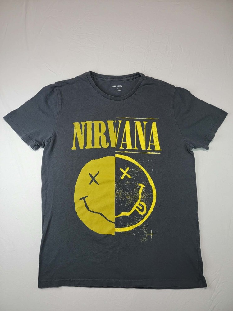 Old Navy Nirvana Smiley Face Band T-Shirt Small Gray Graphic Yellow Logo