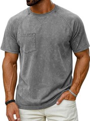 Men’s Vintage Washed Raglan Short Sleeve T-Shirt, Pocket Crew Neck Casual Tee