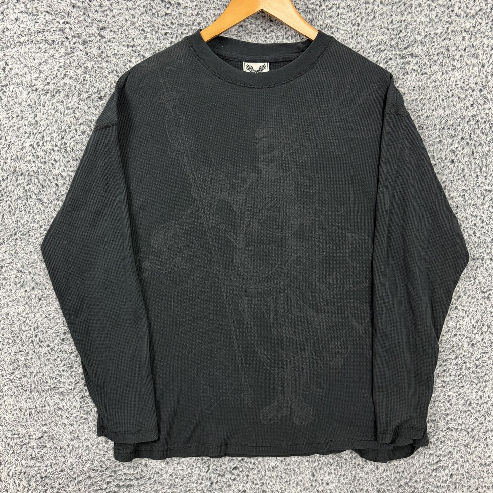 Avirex Shirt Mens XL Black Warrior Graphic Thermal Waffle Knit Long Sleeve Tee
