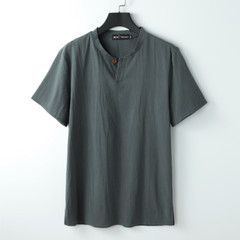 Men’s Stand-up Collar Short Sleeve Cotton Hemp Summer T-shirt Loose Linen V-neck
