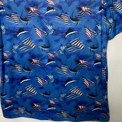 Reel Legends T-shirt Tee Mens Blue Sz M Reel Tec Flag Fish All Over Patriotic