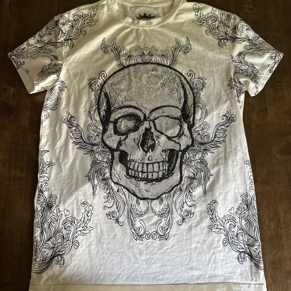 Heads or Tails Shirt Small Skull Rhinestone Tattoo Graphic Unique Bones 💀
