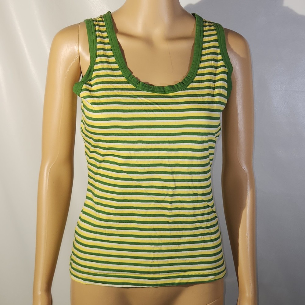 VINTAGE Chrysanthemum Brand Tank Top Shirt Size M Cotton Green Yellow Stripe