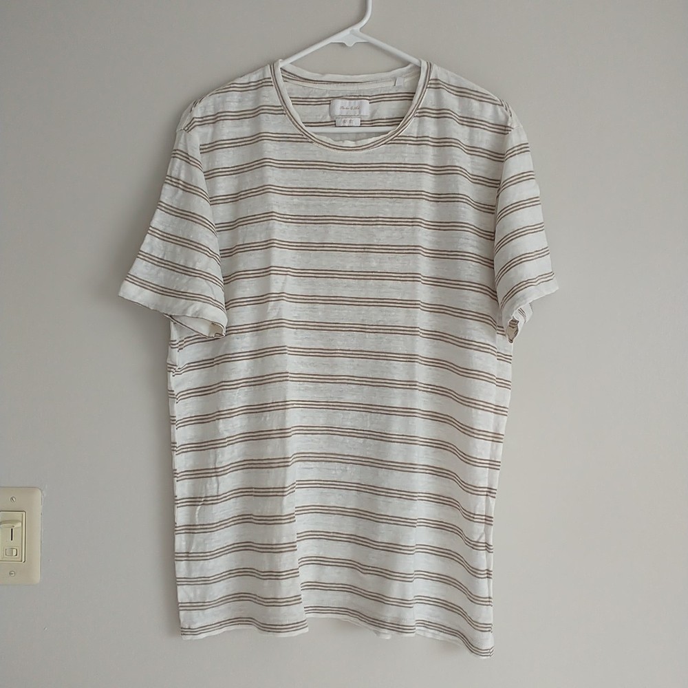 Porter&Ash T Shirt XL/L*White Green Olive Striped 100%Linen Crew Neck Neutral