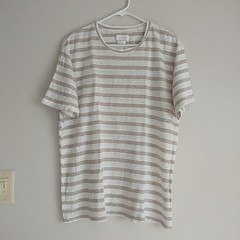 Porter&Ash T Shirt XL/L*White Green Olive Striped 100%Linen Crew Neck Neutral