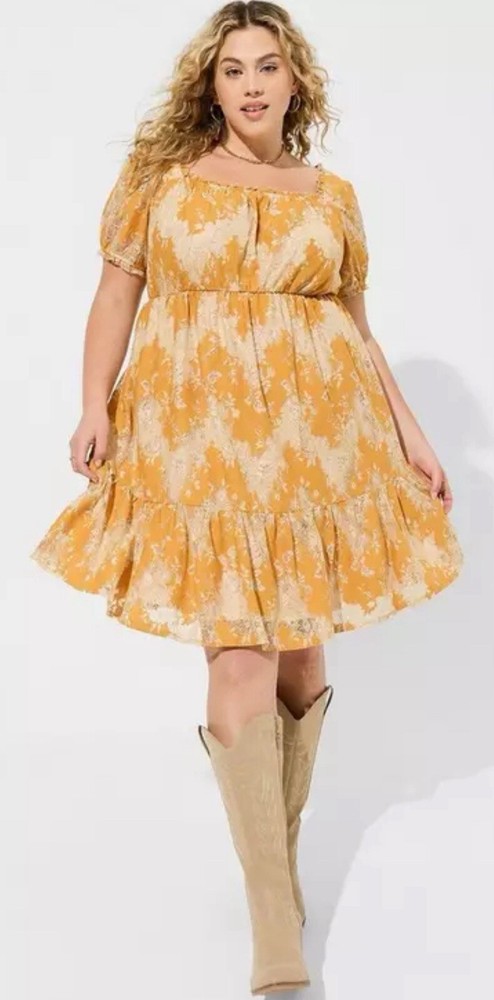 NWT TORRID Mini Two Tone Lace Tiered Babydoll Dress Mustard Yellow 1x 14/16