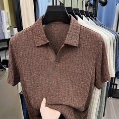 Men’s Breathable Knitted Polo Tee Short Sleeve V Neck Striped Fabric Lightweight