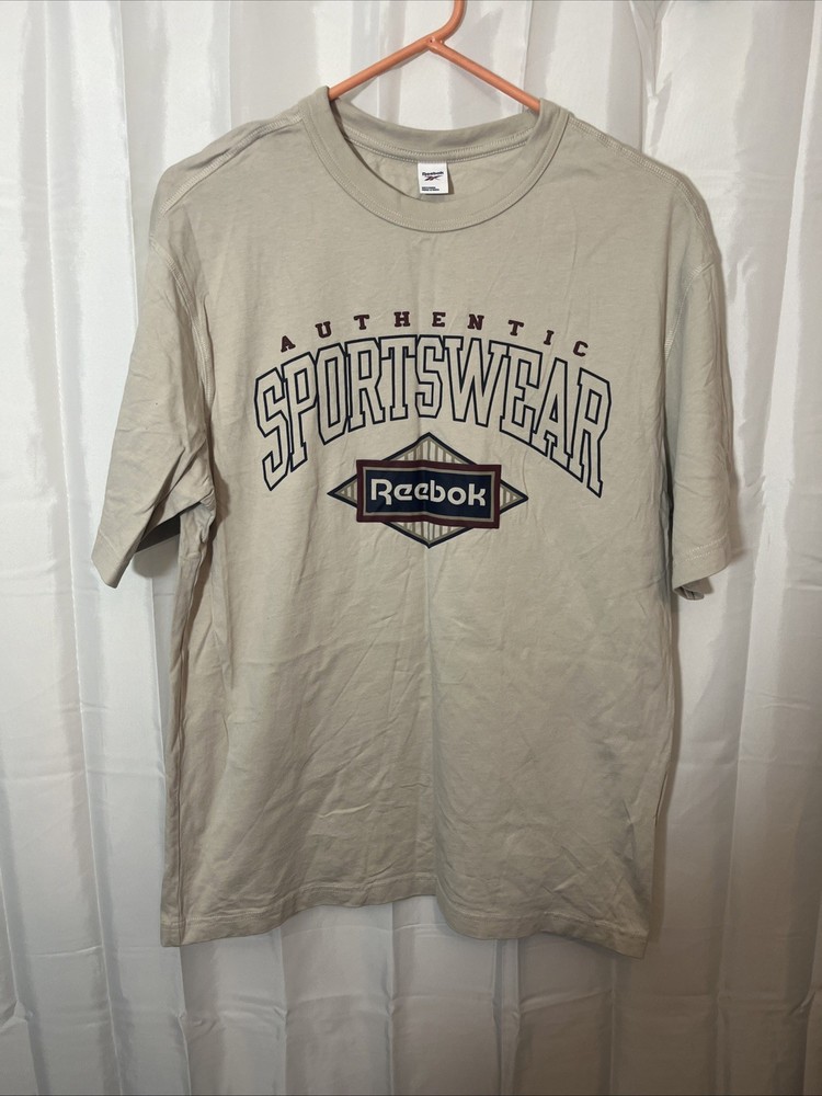 Vintage Reebok Athletics T Shirt Mens M Beige Graphic Logo Cotton