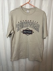 Vintage Reebok Athletics T Shirt Mens M Beige Graphic Logo Cotton