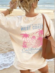 Coastal Palm Tree Scenery Print Letter Crew Neck Short Sleeve Soft Daily Wear