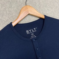 BYLT Mens Henley Shirt Tee Top Drop Cut Long Sleeve Navy Blue Outdoor Size M